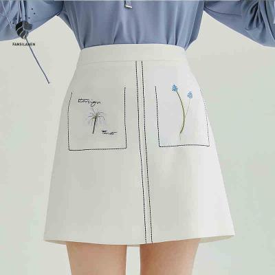 范思蓝恩刺绣A字裙子女2018春装新款高腰半身裙韩版白色印花短裙